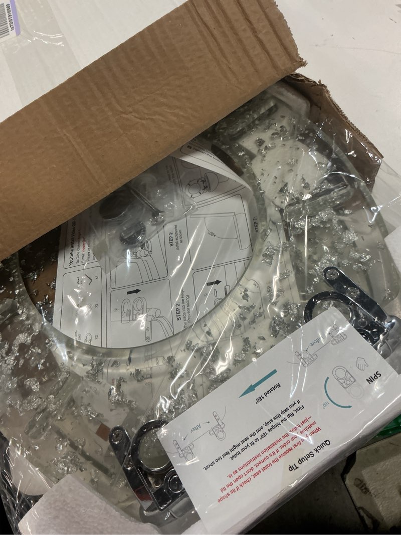 Condition photo showing Good Condition for resin toilet seat round with easy clean adjustable hinges, soft close quick release heavy duty silver glitter cover acrylic toilet seats (round 17 inch, silver foil, upgraded hinge)
