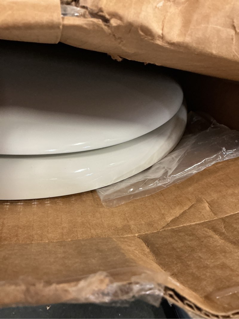 Condition photo showing As Is for mayfair 1844cp 000 toilet seat with chrome hinges will never come loose, elongate , white elongated chrome hinge