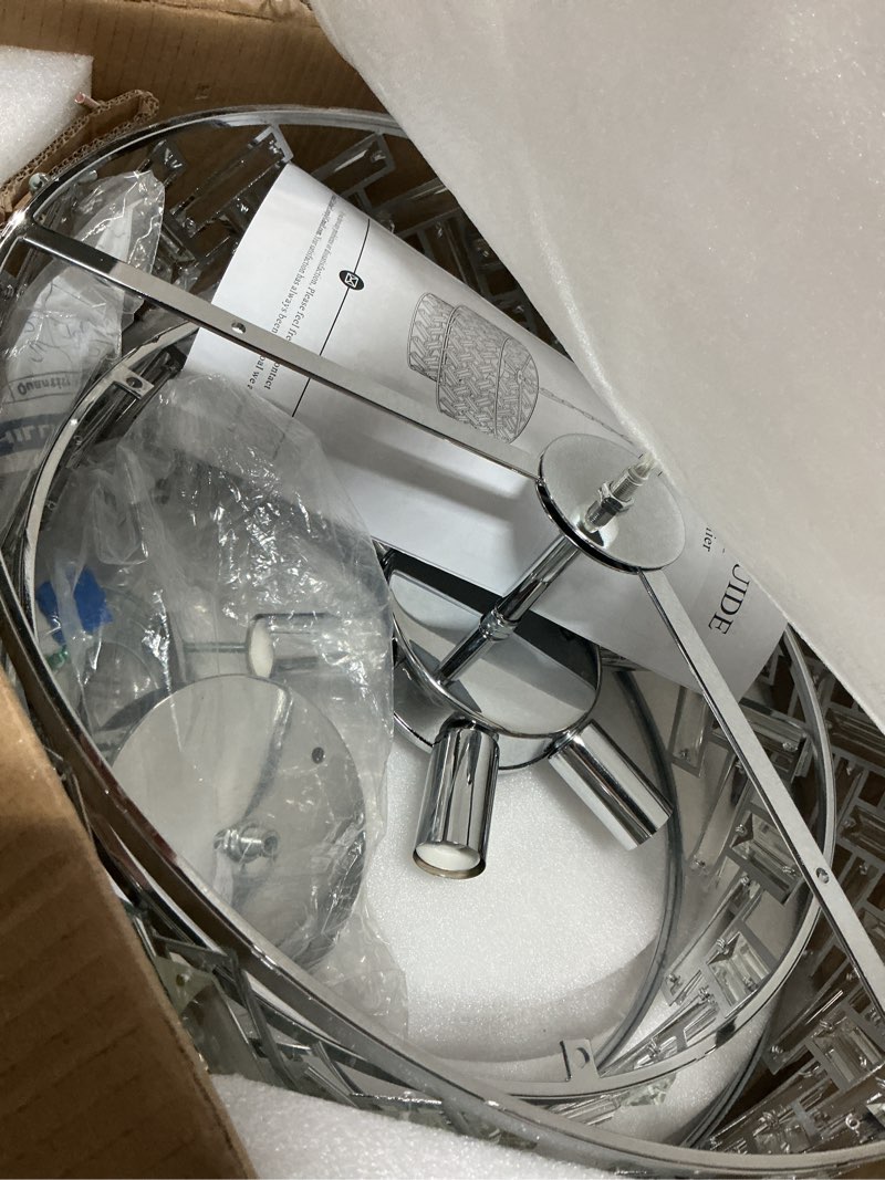 Condition photo showing Good Condition for 20'' modern 6-light chrome crystal pendant chandelier, luxury round semi flush mount ceiling light for living room, dining room, kitchen, foyer, bedroom drum chrome
