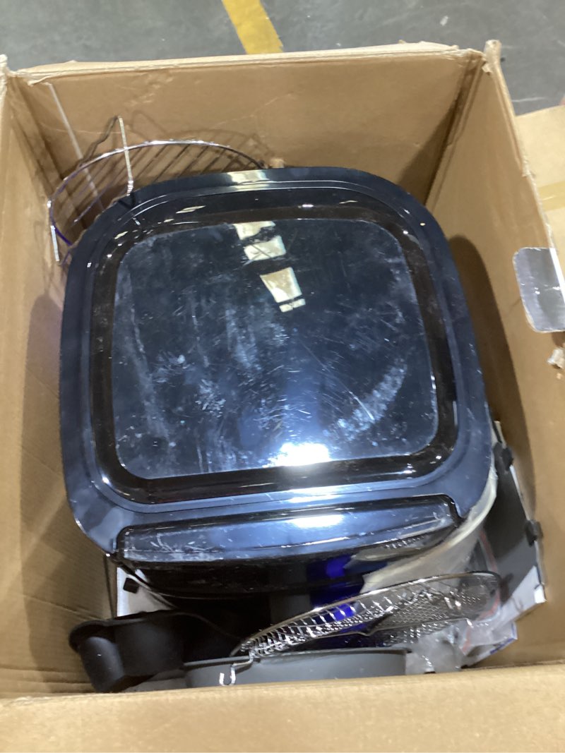 Condition photo showing As Is for yedi evolution air fryer, 6.8 quart, stainless-steel finish, ceramic cooking basket, with deluxe accessory kit and recipe book
