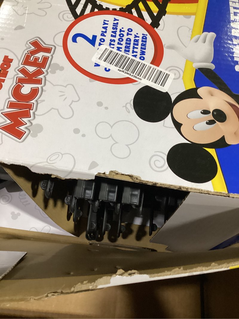 Condition photo showing As Is for kiddieland battery powered mickey ride-on train with tracks & caboose, lights & sounds, ages 12–36 months, d-cell batteries included, indoor toddler activity toy