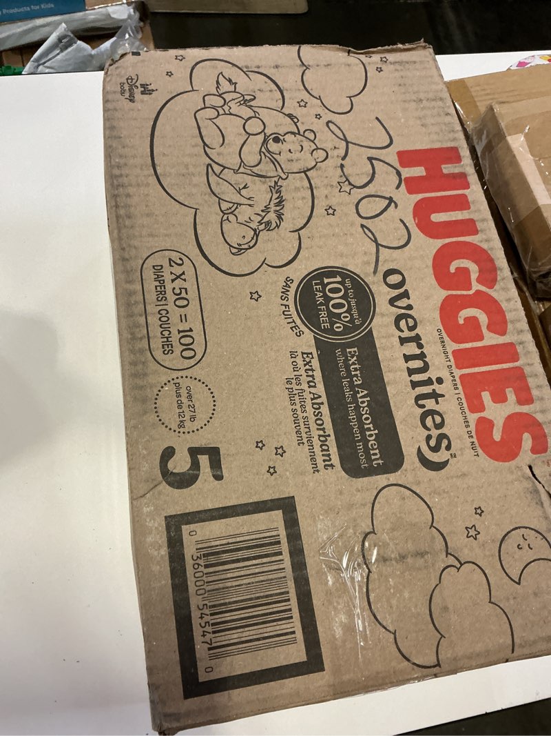 Condition photo showing New/Like New for huggies size 5 overnites baby diapers: overnight diapers, size 5 (27+ lbs), 100 ct (2 packs of 50), packaging may vary size 5 100
