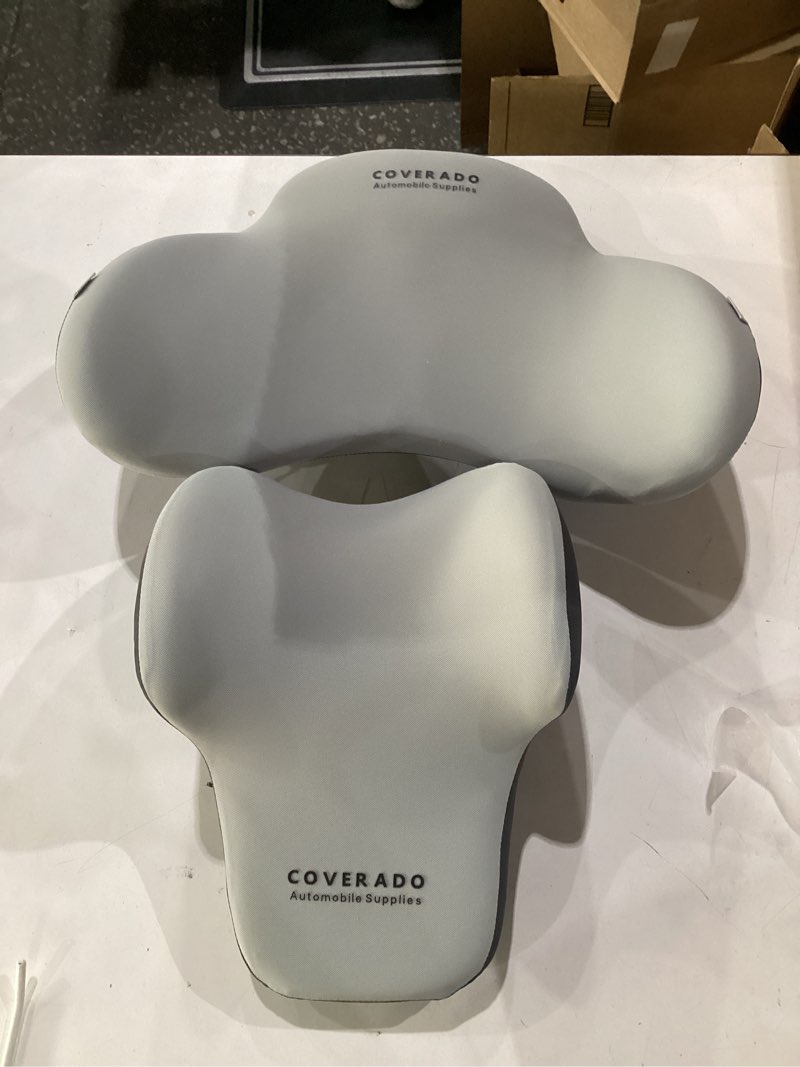 Condition photo showing Good Condition for coverado lumbar support and headrest pillow for car, memory foam ergonomic head neck support pillow for driving seat, back support and pain relief, seat cushion for car, driver, office 2 peices gray2
