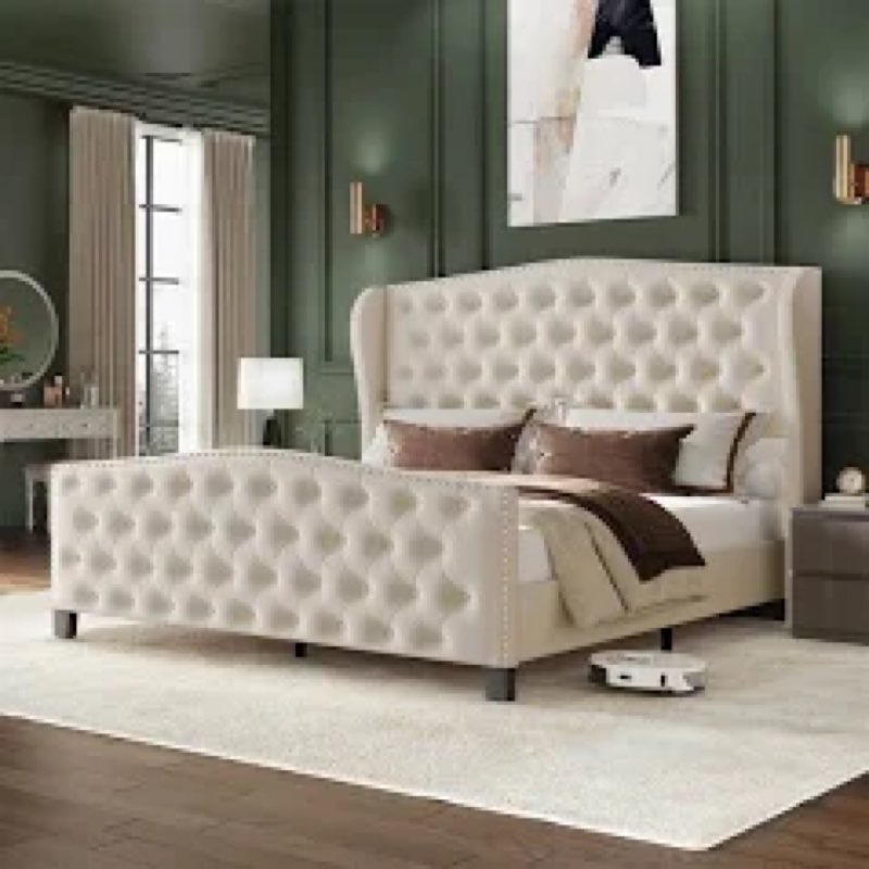 Velvet Tufted Upholstered Wingback Platform BedFrame with Headboard