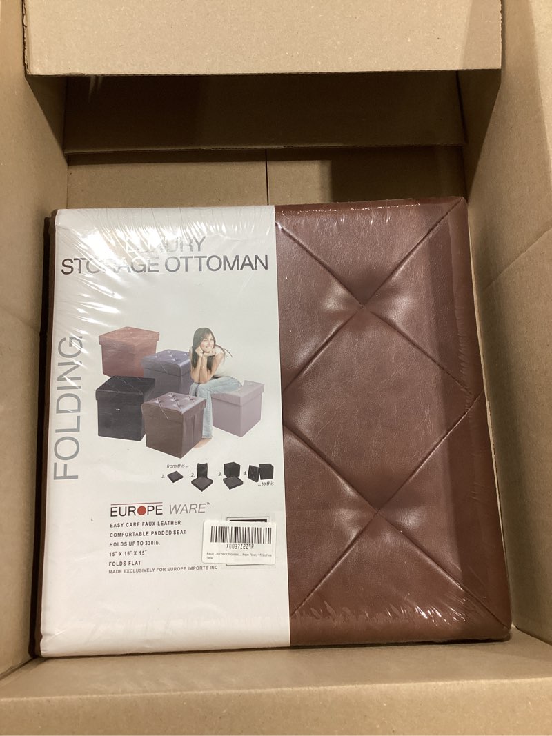 Condition photo showing New/Like New for red co. faux leather folding cube storage ottoman with padded seat, 15" x 15" - chocolate brown