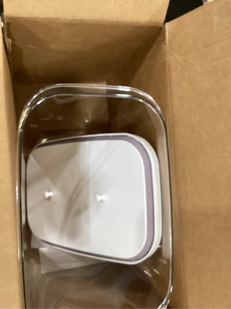 Condition photo showing As Is for Airtight Rice Container 25 Lbs with Handle and Cup – 12.68Qt Large Flour Sugar Storage Container with Pop Up Seal & Hanging Lid Hooks, Clear Tall Food Storage Bin for Kitchen Pantry Organization 12.68Qt-Rectangle