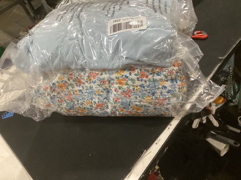 Condition photo showing New/Like New for full size comforter sets-7 pieces puff marigold blue floral bedding set for all seasons, shabby chic farmhouse bed in a bag full with floral comforter, sheets, pillowcases & shams aster marigold full