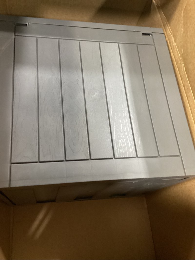 Condition photo showing As Is for east oak outdoor storage box, 31 gallon deck box indoor and outdoor use, waterproof resin storage bin for package delivery, patio cushions, gardening tools, lockable, uv resistant, grey grey 31 gallon