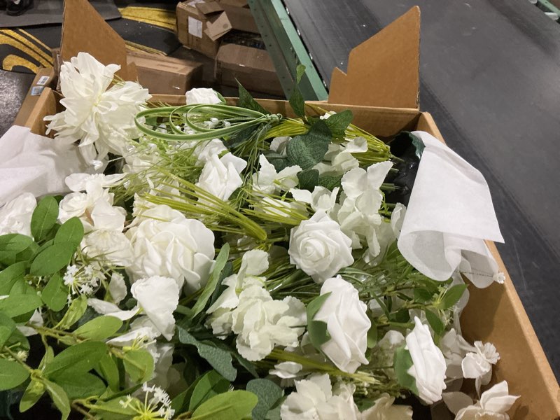 Condition photo showing As Is for Ling's moment 41.0" Tall Free-Standing Wedding Aisle Artificial Flowers for Ceremony Decor, 2PCS White Walkway Floral Chair Markers, Faux Rose Altar Arch Arrangement Spring Decorations Outdoor Wht-white & Lily & Olive 41" Tall x 22" Cross