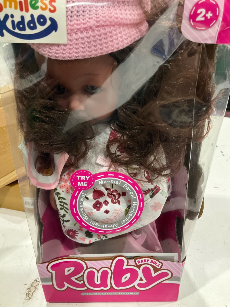 Condition photo showing New/Like New for smilesskiddo baby doll, 12 inch black interactive talking doll with hair, mirror, comb accessories, soft vinyl body & sounds – perfect pretend play toy for toddlers girls 2 3 4 5 6