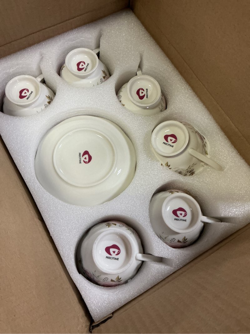 Condition photo showing Good Condition for floral porcelain tea cup set of 6 (12-piece), 6 cups & 6 saucers with rose pattern, 6oz scalloped edge coffee cups, dishwasher & microwave safe, elegant gift pink