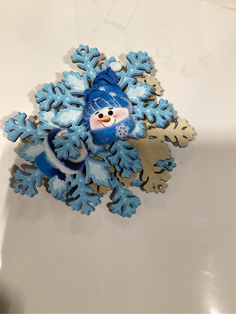 Condition photo showing Good Condition for 36 Pcs Winter Snowman Ornaments Wooden Blue Snowman Shape Hanging Decoration Farmhouse Cutouts Wooden Crafts Pendant with Rope for Tree Deco Winter Holiday Party Supplies