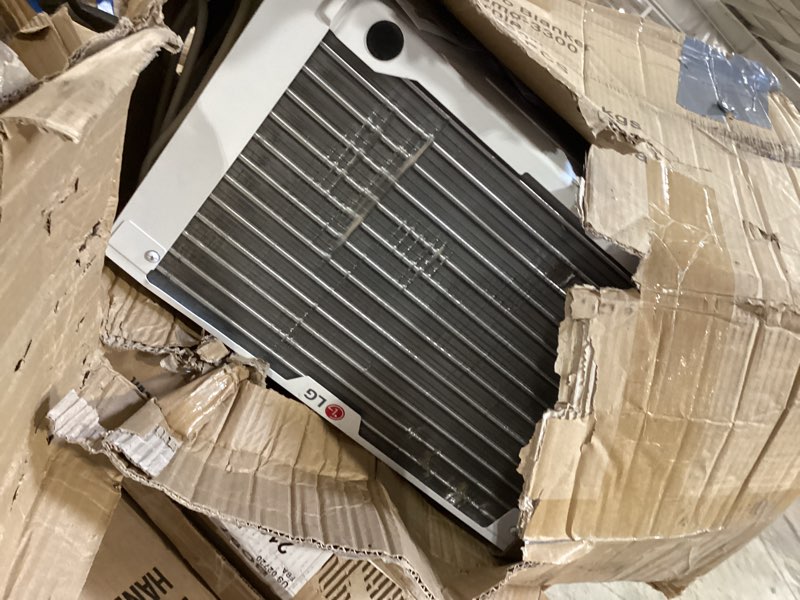 Condition photo showing As Is for lg 6,000 btu window air conditioner, 115v, cools 250 sq.ft. for bedroom, den, living room, quiet operation, with remote, 2 cooling & fan speeds, 2-way air deflection, auto restart, white 6000 btu electronic & standard white