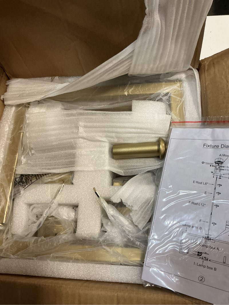 Condition photo showing New/Like New for 6-Light Gold Chandelier Light Fixture, 21.3" Modern Geometric Farmhouse Dining Room Light Fixture, Industrial Metal Hanging Chandelier for Entryway Hallway Foyer Bedroom Gold 6-Light