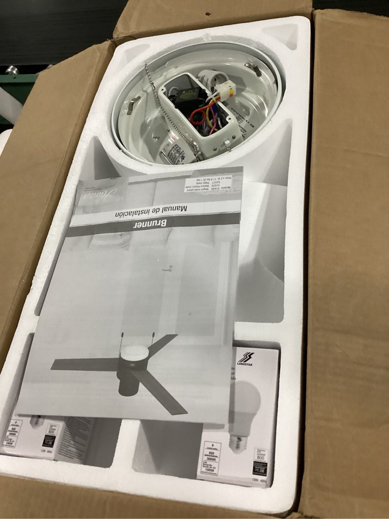 Condition photo showing New/Like New for hunter brunner, indoor, ceiling fan, with led light, 52 inch, matte white | modern, low profile mount, pull chain, 3 blades, for bedroom, living room, 51972