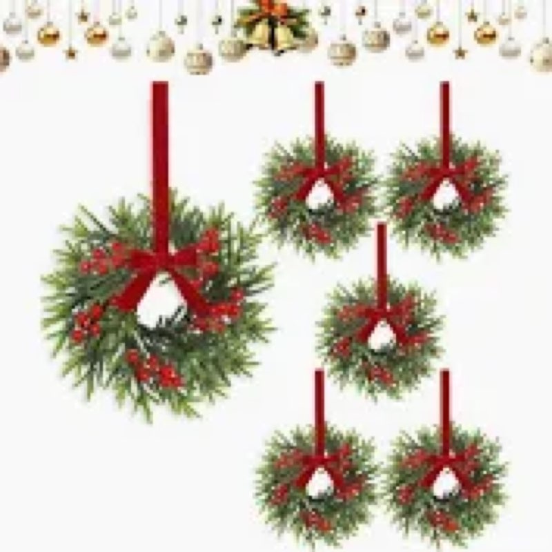 YoleShy 6 Pcs Small Christmas Wreath 12'' Mini Wreaths for Kitchen Cabinet Wreaths with Berry & Red 