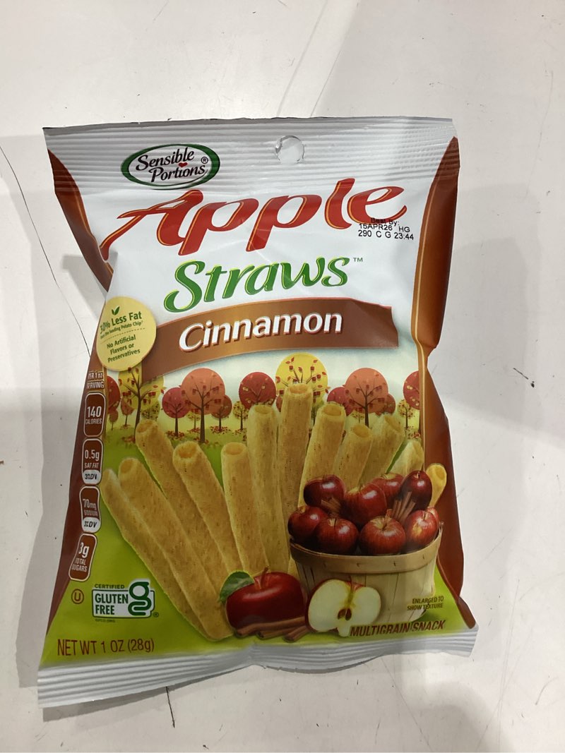 Condition photo showing New/Like New for **best by: 04/15/2026**  sensible portions garden veggie snacks - veggie straws, snack size, apple cinnamon, 1 oz (pack of 24) apple cinnamon 1 ounce (pack of 24)