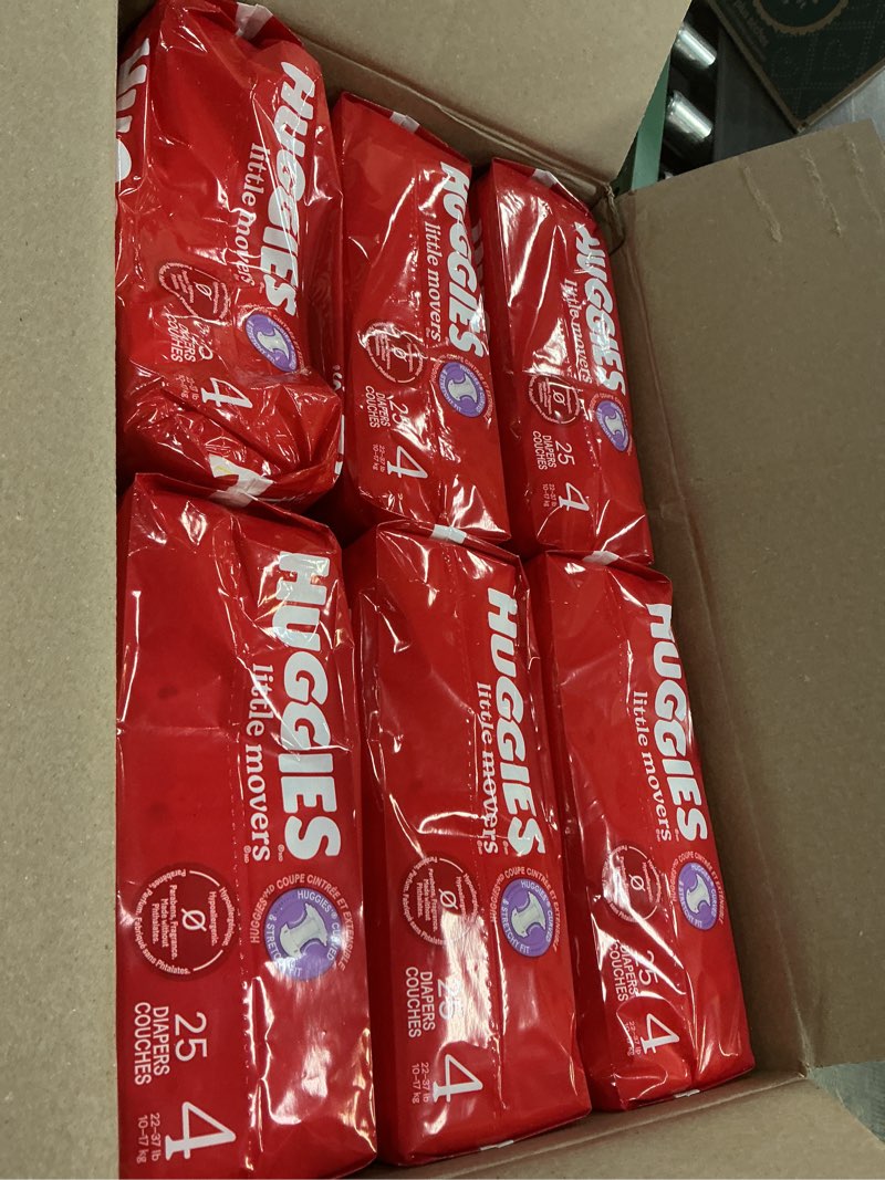 Condition photo showing New/Like New for Huggies Size 4 Diapers, Little Movers Baby Diapers, Size 4 (22-37 lbs), 150 Count (6 Packs of 25), Packaging May Vary Size 4 150