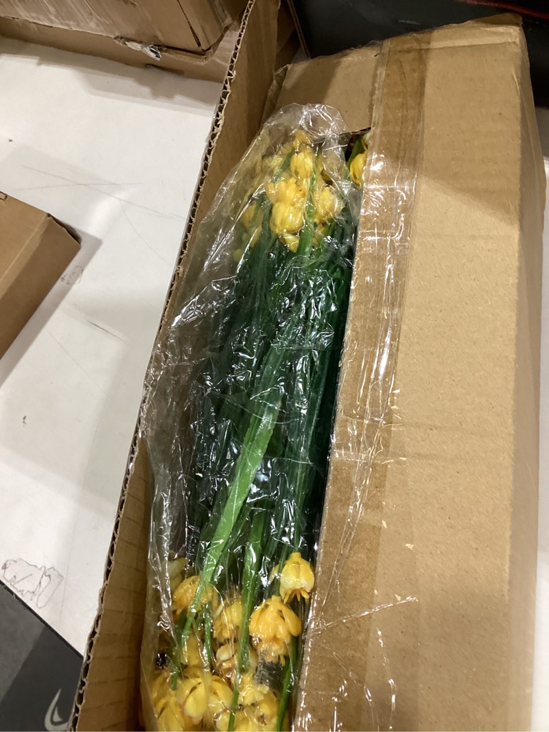 Condition photo showing New/Like New for artificial flowers, 20 bundles outdoor fake flowers for decoration uv resistant faux plastic plants garden porch window box décor (yellow)