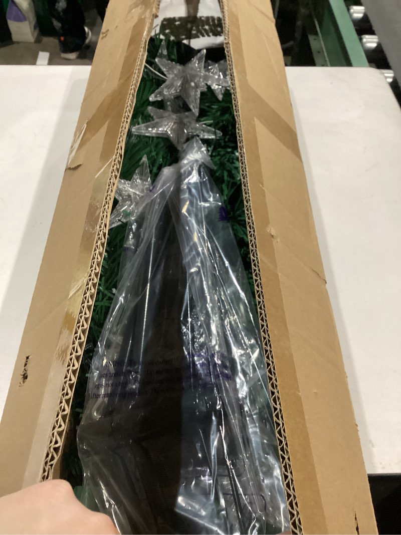 Condition photo showing As Is for Juegoal 6ft Pre-Lit Artificial Christmas Tree, Lighted Optical Fiber Xmas Trees with Warm White Large Stars & Color Changing Optical Fiber Lights, Party Home Holiday Green Fake Tree with Metal Legs