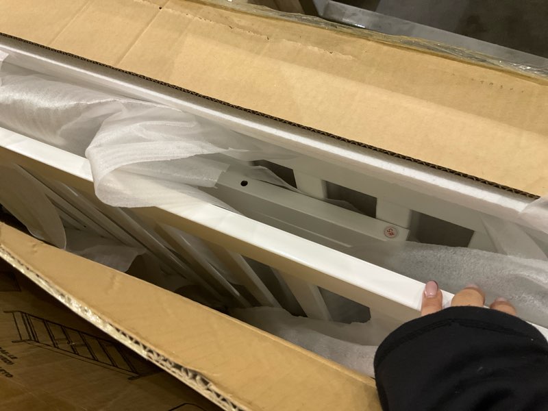 Condition photo showing As Is for Dream On Me Synergy 5-in-1 Convertible Full-Size Baby Crib with Toddler, Day & Full Bed Conversion in White, GreenGuard Gold & BSA, 3 Mattress Heights, Sustainable Pinewood White Synergy