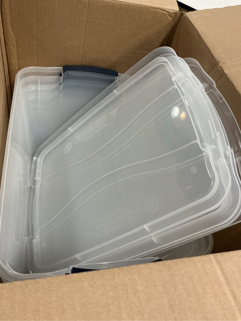 Condition photo showing Good Condition for rubbermaid cleverstore clear 32 qt, 4 pack stackable plastic storage bins with lids, great for closet and laundry storage, organizing in the home