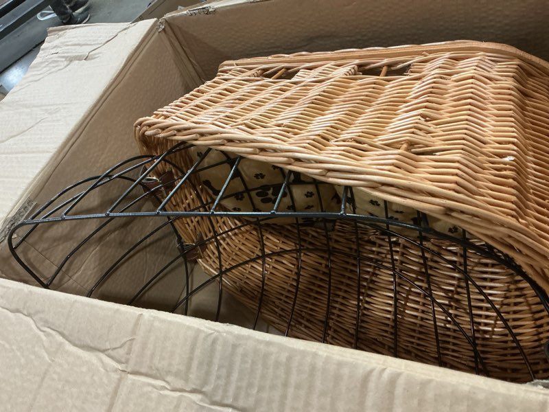 Condition photo showing Good Condition for Sunnymove Wicker Dog Bike Basket, Rattan Pet Carrier for Small Dogs Cats with Protective Grille, Includes Ice Pad and Soft Cotton Cushion, for Secure Bicycle Rear Luggage Rack