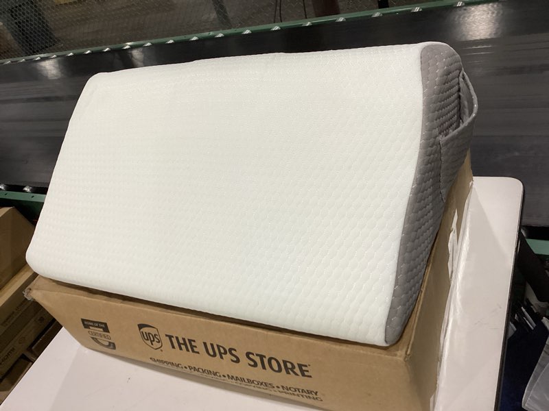 Condition photo showing Good Condition for bedluxe knee pillow for back sleeping, leg pillow knee wedge pillow, memory foam wedge pillows for legs post surgery, triangle pillow for knee support, leg elevation, knees hip back pain relief, white 23.6*18.9*7.9 inch white/grey