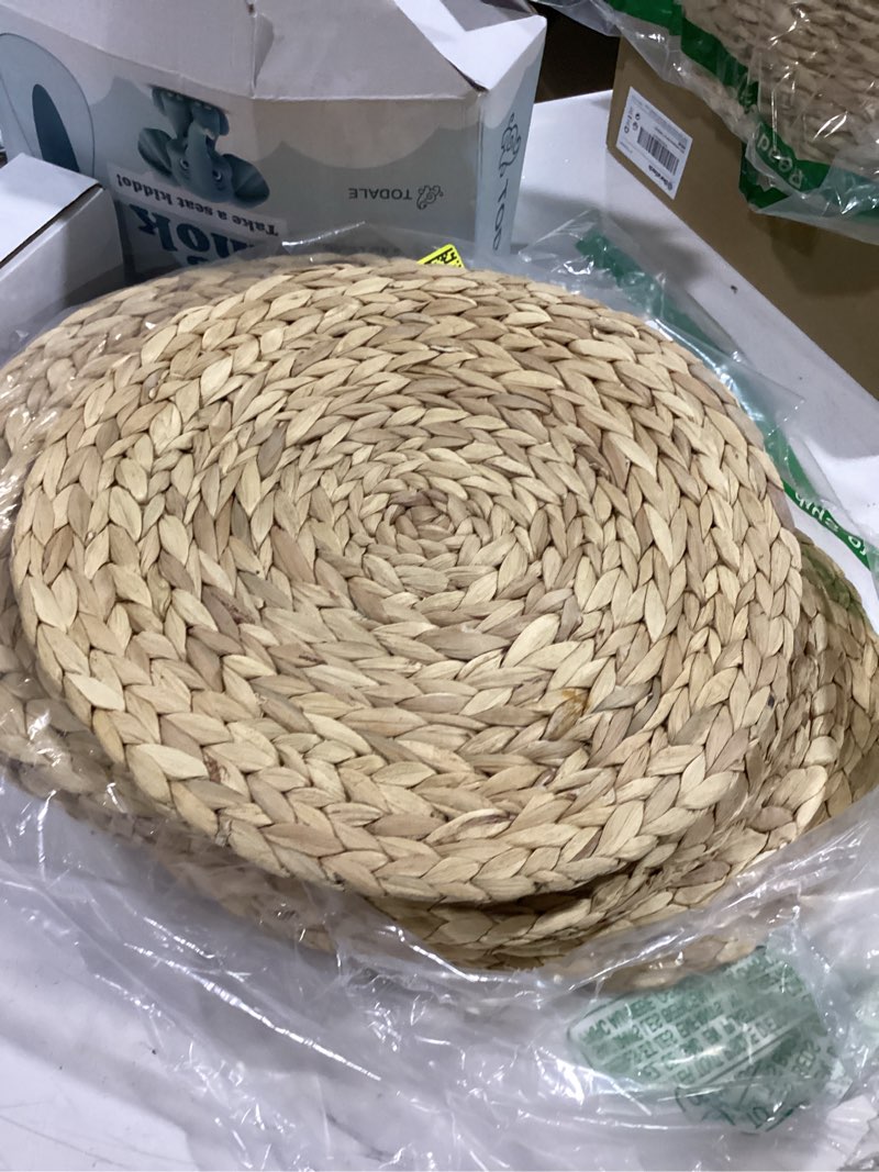 Condition photo showing Good Condition for 13.5'' round woven placemats set of 10, boho rattan chargers for dinner plates, round rattan placemats,for dining table,wedding, farmhouse,outdoor and christmas 13.5inch set of 10