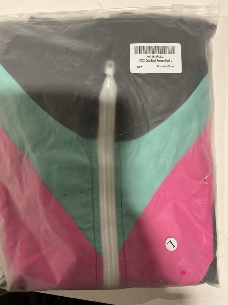 Condition photo showing Good Condition for Yisfri Color Block One Piece Windbreaker Outfits for Women Neon Short Sleeve Zip Front Elastic Waist Jumpsuit Overall Large Black