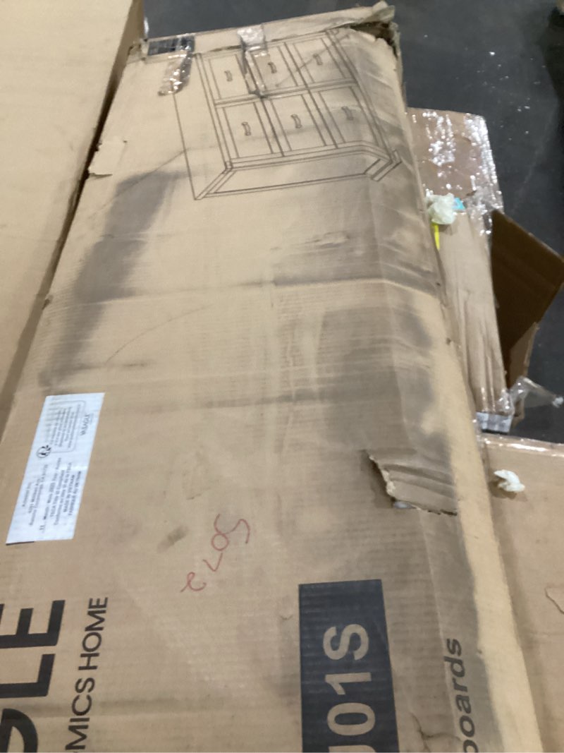 Condition photo showing As Is for VASAGLE LIRY Collection - 6-Drawer Dresser for Bedroom, 54-Inch Wide Modern Farmhouse Chest of Drawers with Metal Handles, TV Stand, for Living Room, Entryway, Anti-Tipping, Rustic White ULTS661WJ01S