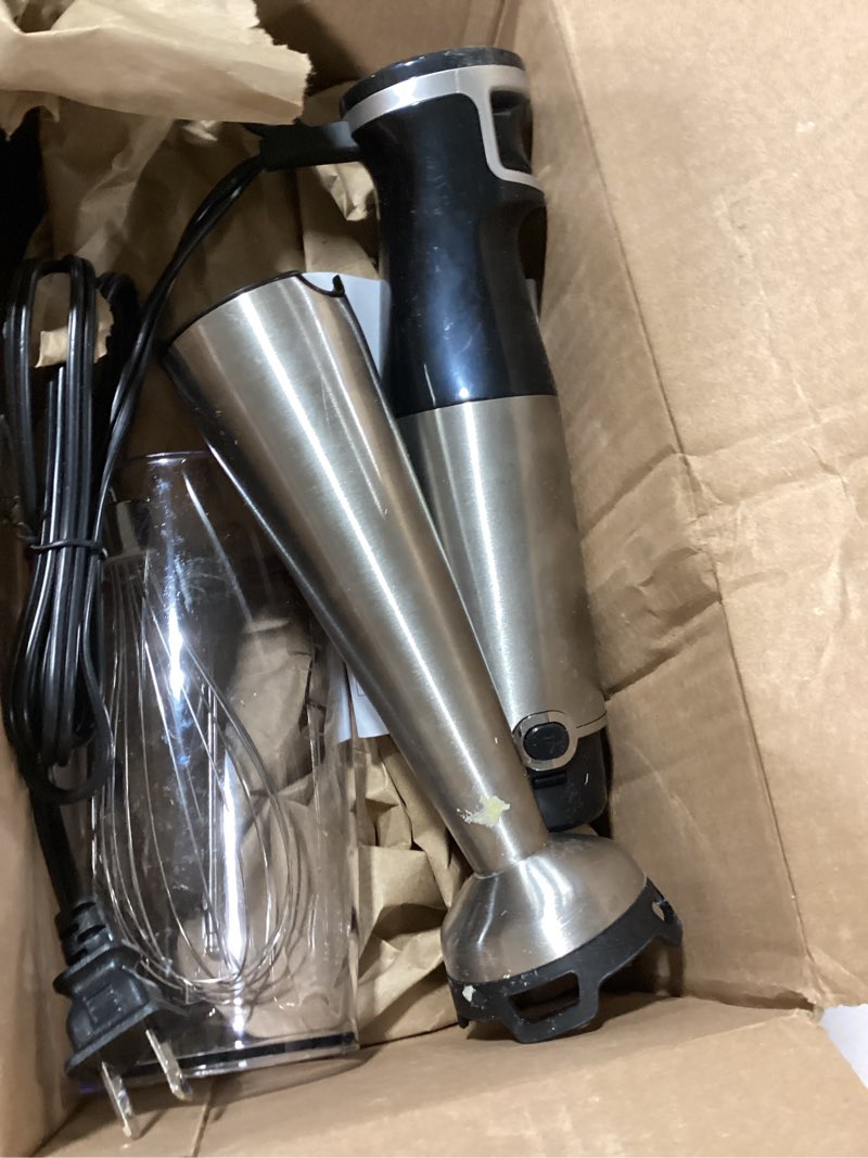 Condition photo showing As Is for immersion blender handheld corded hand blenders set 1100w, trigger variable speed 5 in 1 stick emulsifier with chopper, whisk and frother for soup, baby food and smoothies black