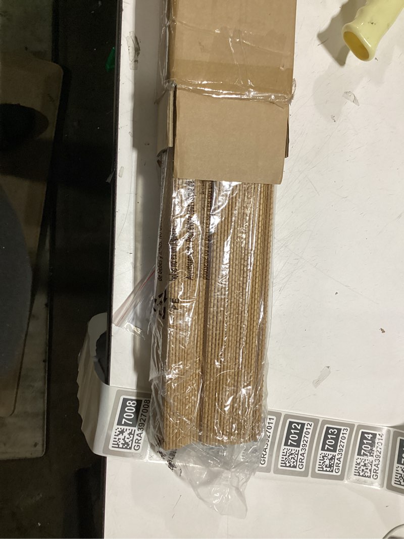 Condition photo showing As Is for unishades no drill cordless bamboo roman shades, 20×64 in, carbonized | natural material, light filtering, easy install ?thin bamboo strips?carbonized 20" w × 64" h