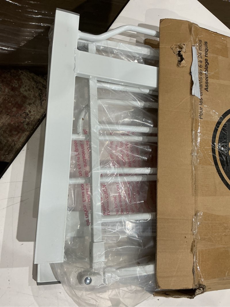 Condition photo showing As Is for regalo safety 29-38.5" baby gate for doorways & bottom of stairs, pressure mounted baby gate with door for babies, toddlers & pets, tested & safe for 30 years, american designed, american owned, white white 29-38.5"w x 30"h