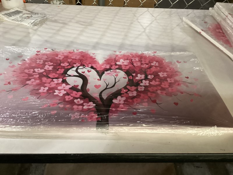 Condition photo showing As Is for MODOJOART Abstract Tree Canvas Wall Art, Heart-shaped Tree with Pink Flowers Painting Print Love Theme Poster Picture for Bedroom Hallway Decor(Artwork-05, 24"x12") Tree Art 05 24"L x 12"W