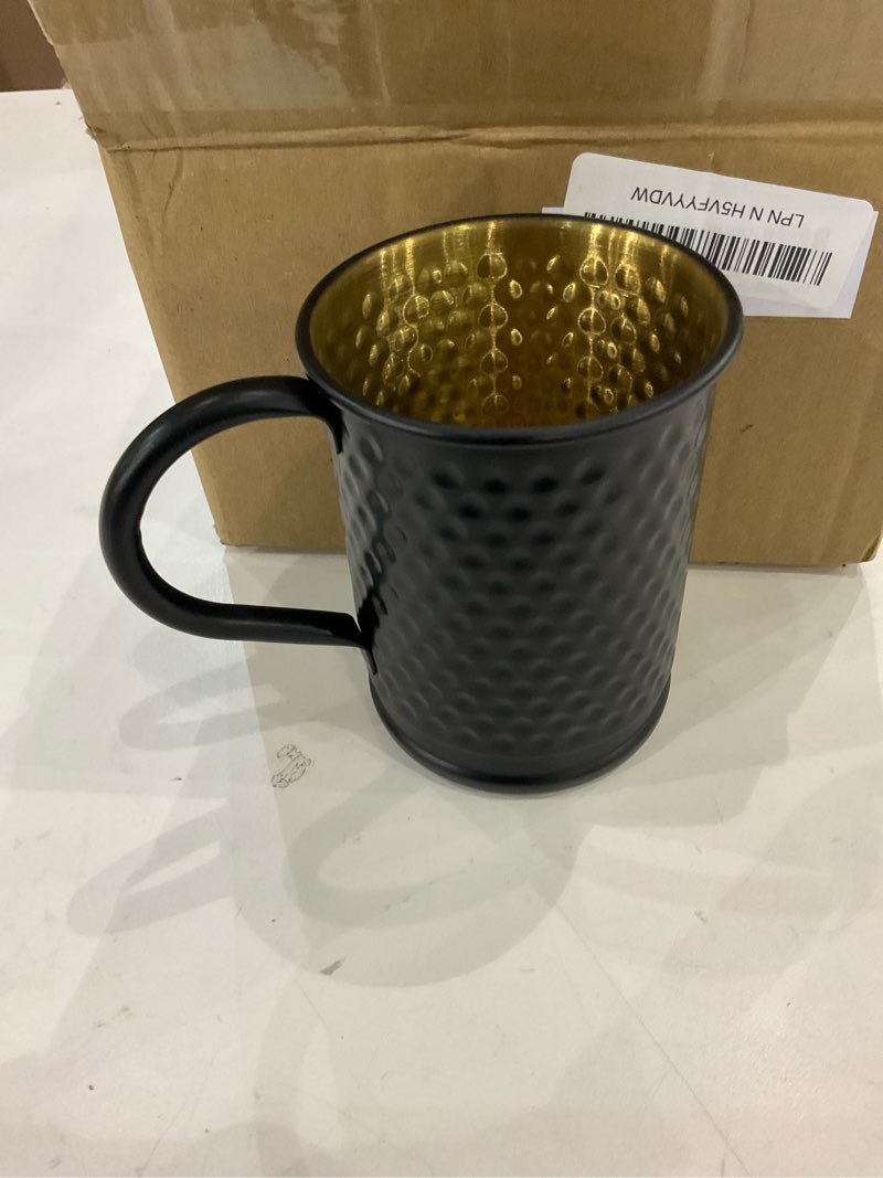 Condition photo showing New/Like New for MyGift 18 oz Moscow Mule Mugs, Set of 2 Matte Black Cocktail Drinking Cups with Handles and Gold Tone Interior, Metal Cup Hammered Finish
