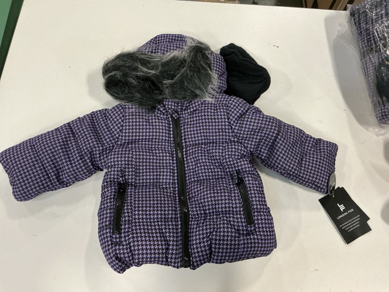 LONDON FOG Baby Girl's Heavyweight Puffer Jacket with Faux Fur Hood and Matching Beanie, Purple/Blac Size 12M