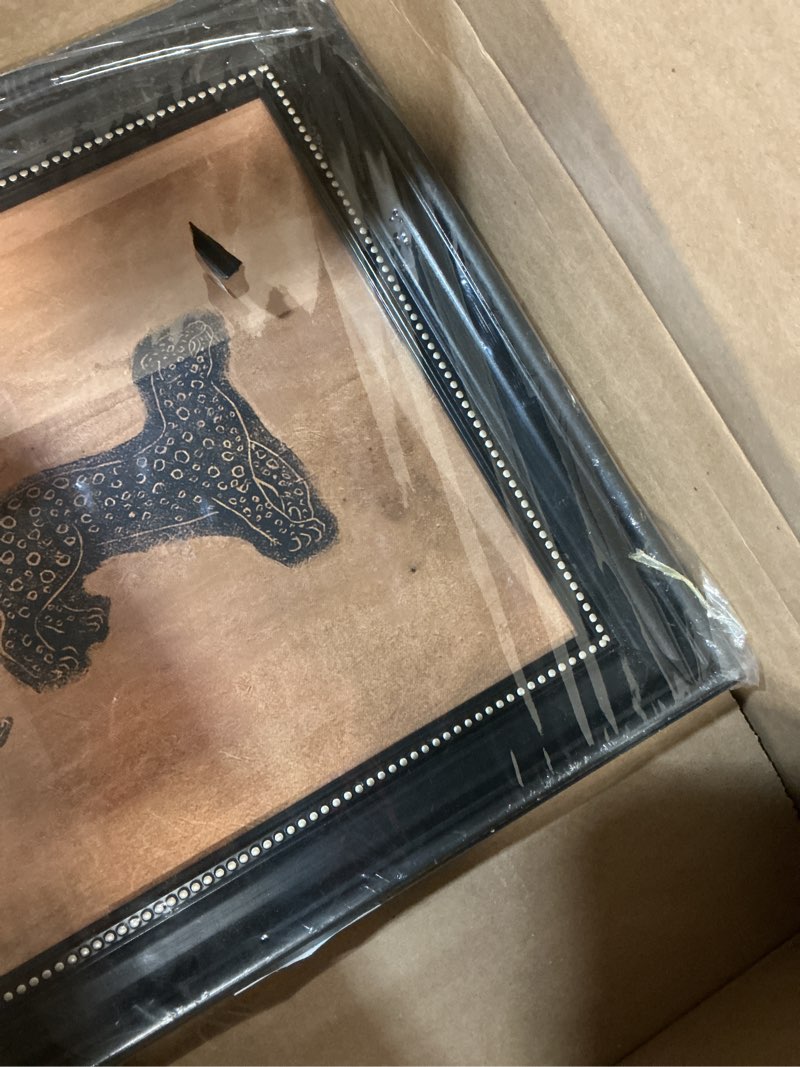 Condition photo showing As Is for qizee black framed canvas wall art, leopard vintage paintings artworks, animal wall decorations, retro leopard prints hanging wall decor for bathroom bedroom office 16x16 inch vintage leopard 16"l x 16"w