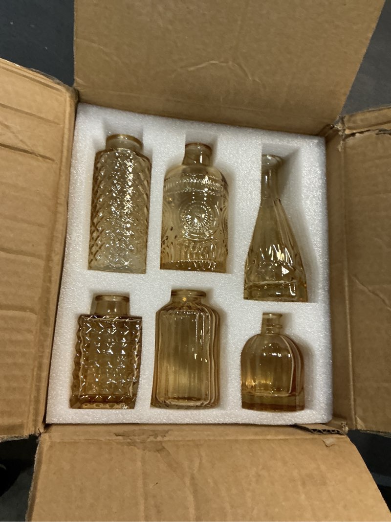 Condition photo showing New/Like New for supmind 12pcs glass bud vase set, small gold amber flower vases for centerpieces in bulk, mini vintage vase for wedding, home,table decoration gold amber 12pcs