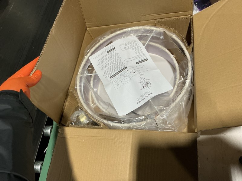 Condition photo showing Good Condition for 16.5'' semi flush mount ceiling light, 3-light gold ceiling light fixture with 2-layer white plush shade, farmhouse drum close to ceiling light for living room, hallway, bedroom, kitchen, dining room