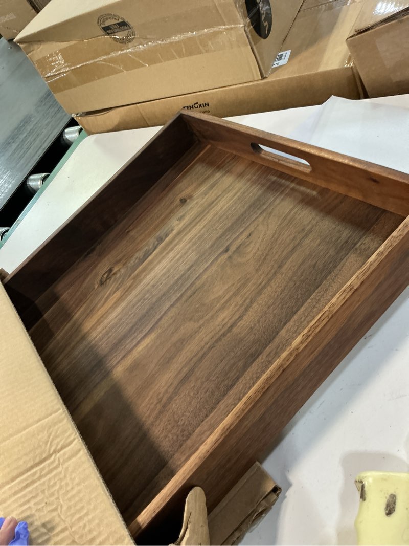 Condition photo showing Good Condition for MAGIGO 26 x 16 Inches Extra Large Rectangle Black Walnut Wood Ottoman Tray with Handles, Serve Tea, Coffee or Breakfast in Bed, Classic Wooden Decorative Serving Tray