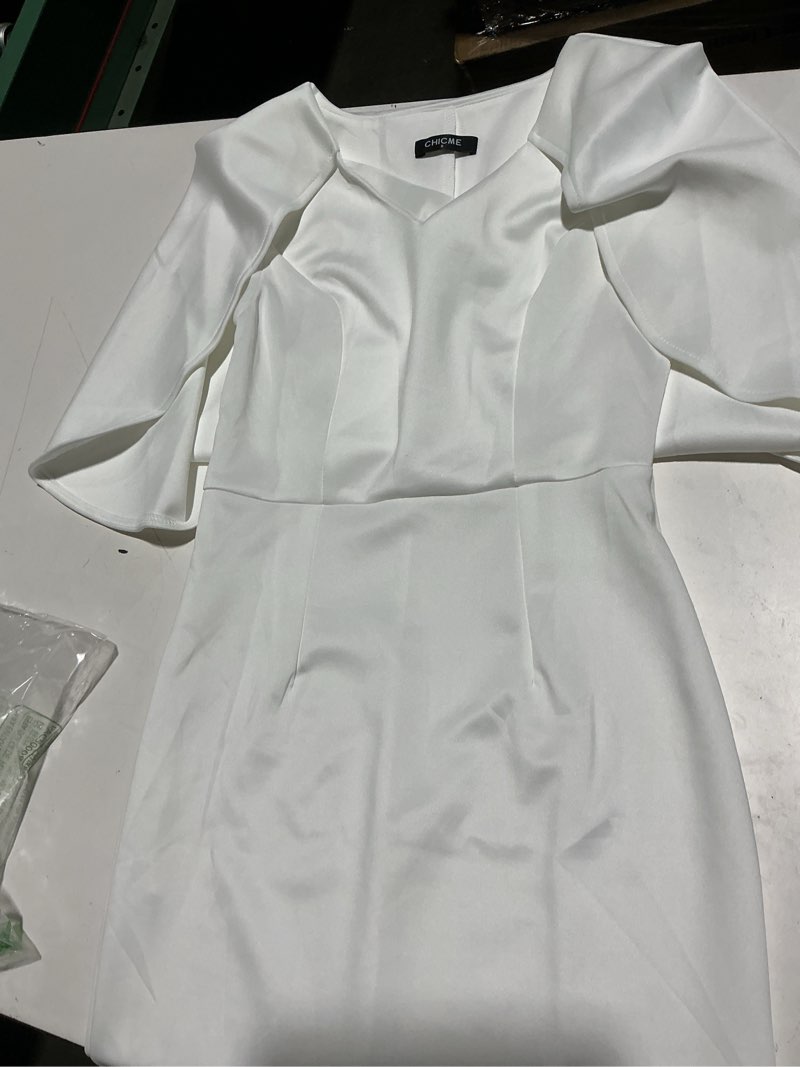 Condition photo showing Good Condition for chicme women's elegant cape sleeve bodycon midi dress v-neck back slit slim fit cocktail pencil dress a-white small