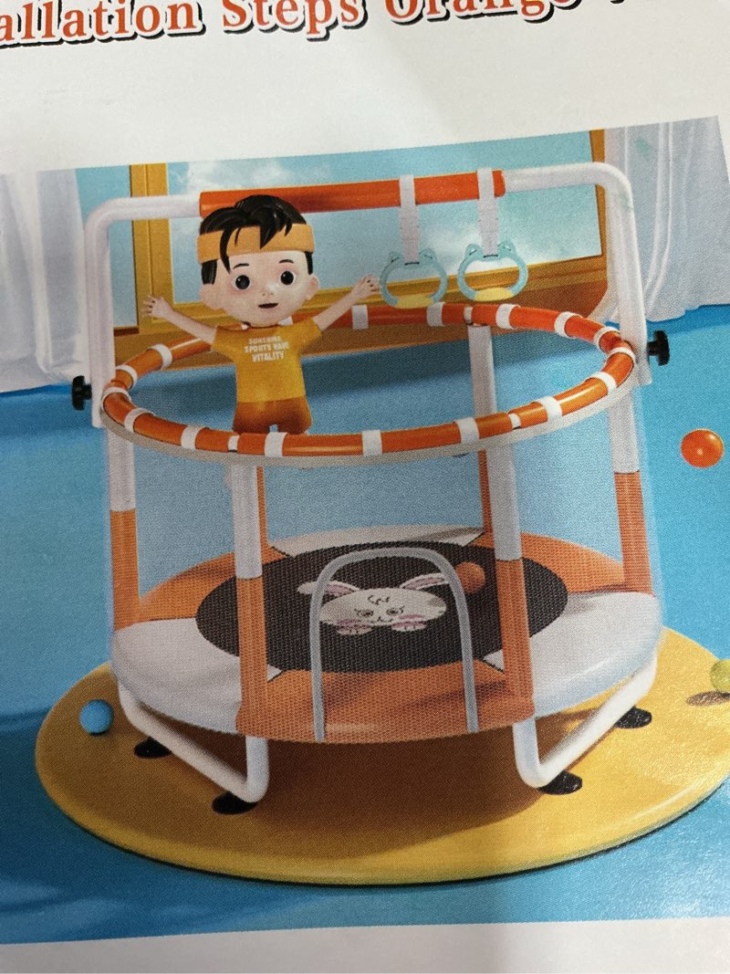 Condition photo showing Good Condition for similar langxun 60\" trampoline for kids, 5ft toddler mini 6-in-1 trampoline indoor outdoor with swing, basketball hoop, dart board, rings, christmas toys birthday gifts for girls boys orange&yellow 6-in-1