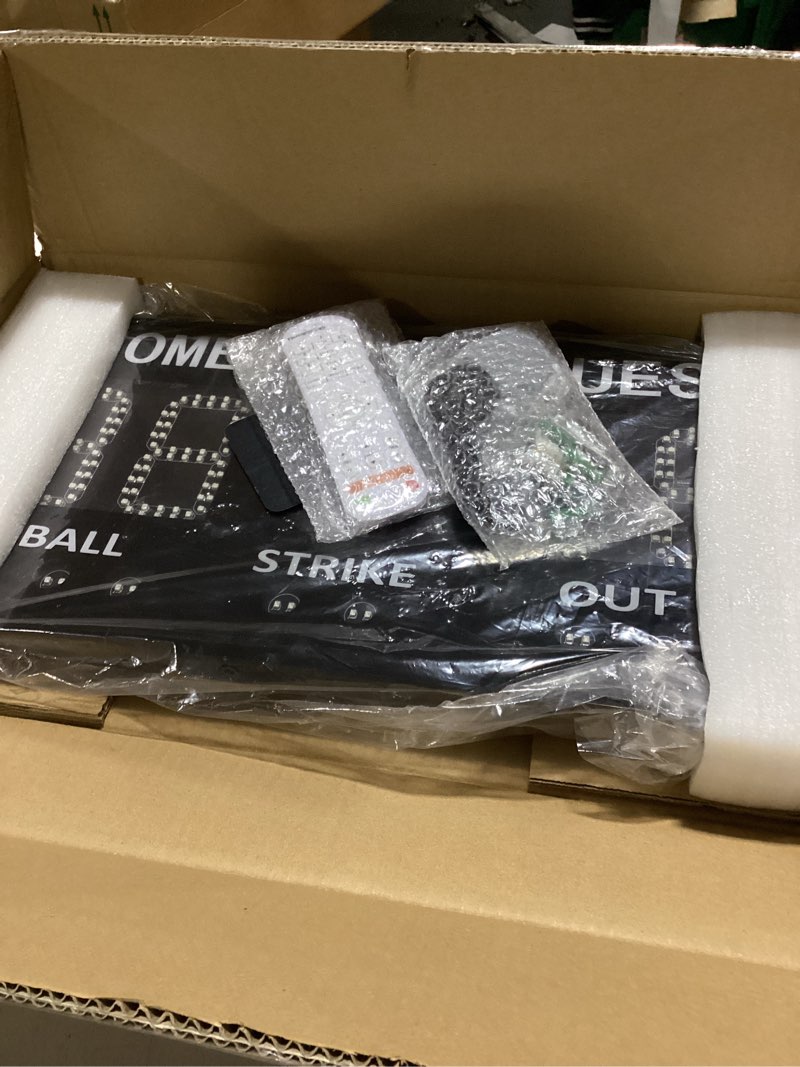 Condition photo showing As Is for yz led baseball/softball scoreboard for fence, high-light digital scoreboard with remote, rechargeable wireless electronic baseball scoreboard, score keeper with innings balls strikes outs outdoor