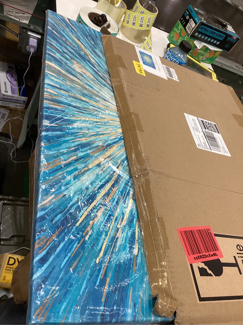 Condition photo showing New/Like New for Color Play Teal Abstract Wall Art Canvas: Modern Gold Foil Painting Hand Painted Texture Picture Contemporary Sunburst Print Horizontal Starburst Artwork for Office Bedroom Living Room Decor 24"L x 16"W