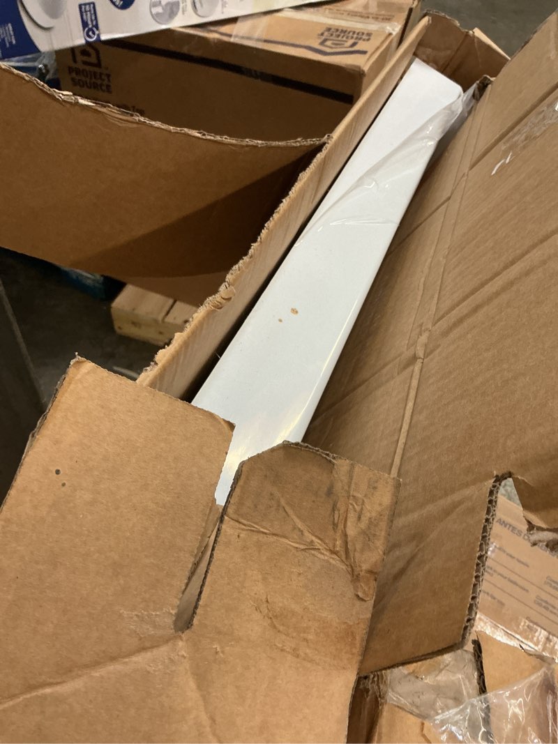 Condition photo showing As Is for woodbridge 60"l x 32"w solid surface shower pan base in white, alcove installation, with brushed nickel center drain, slip-resistant