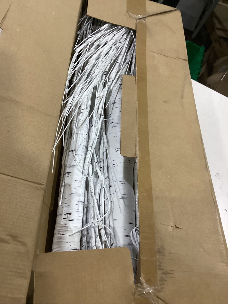 Condition photo showing As Is for 2-pack 4ft lighted birch trees (higher size & floor standing), 96 led twinkling birch christmas tree lights for indoor & outdoor, 2 modes warm white tree lights for christmas thanksgiving home decor warm white 2pack-4ft
