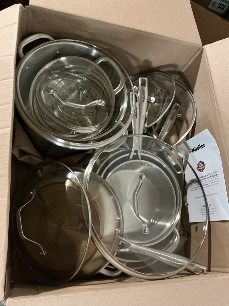 Condition photo showing Good Condition for mueller pots and pans set 17-piece, ultra-clad pro stainless steel cookware set, ergonomic evercool handle, induction cookware, includes saucepans, skillets, dutch oven, stockpot, steamer for cooking