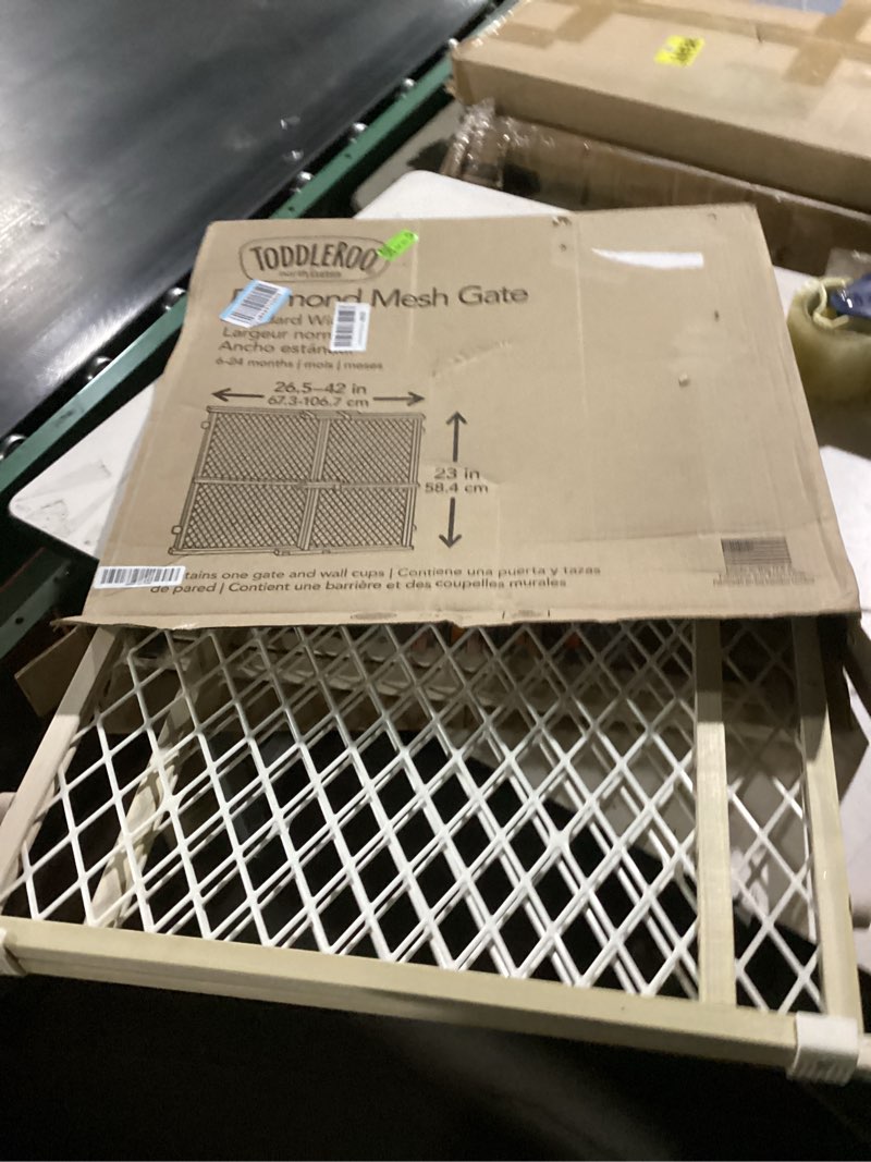 Condition photo showing As Is for toddleroo by north states - diamond mesh wooden baby gate: pressure mounted baby gate for doorways - adjustable 26.5 to 42 inches wide - 23 inches tall