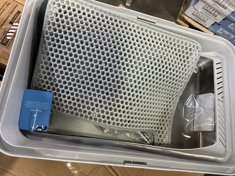 Condition photo showing New/Like New for stainless steel litter box | xl enclosed cat litter boxes with lid for big cats | high sided, anti-urine leakage | non-stick bottom & includes litter mat & metal scoop